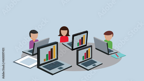 People are sitting around a table with laptops displaying bar graphs in a meeting setting view