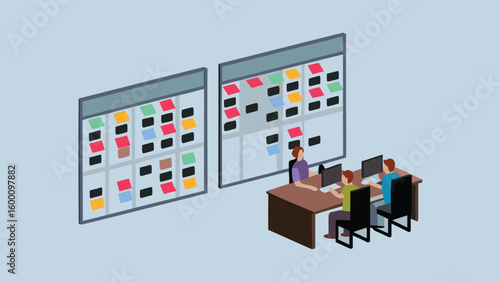 Three people working at a desk in front of two kanban boards with colorful sticky notes attached