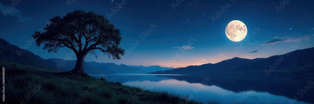 Fototapeta premium Ancient willow, stars, moonlit night, seamless cycle, branches, enchanted