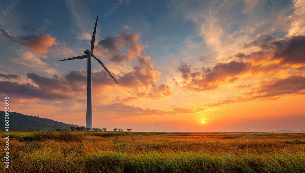 Obraz premium Scenic landscape with wind turbine in lush field du vibrant sunset sky with clouds and warm colorful glow for renewable energy and environmental protection