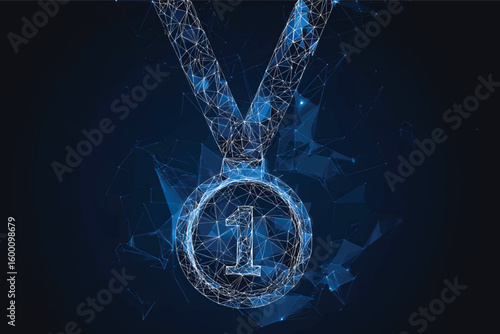  Low-poly wireframe vector illustration of a first-place medal on a dark blue background