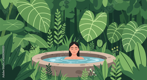 Woman relaxing in natural hot spring surrounded by lush jungle foliage, serene spa experience