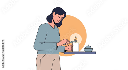 Woman lighting a candle with a match, creating a warm, peaceful ambiance with a soft glow.