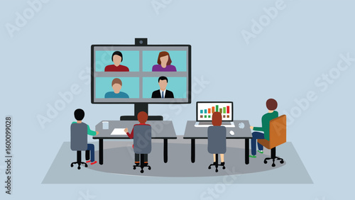 Illustration of a business meeting with people in person and on a video conference call screen