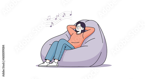 Person relaxing comfortably on beanbag chair enjoying music with musical notes floating above