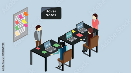 Isometric office scene with people working at desks and a bulletin board with notes visible