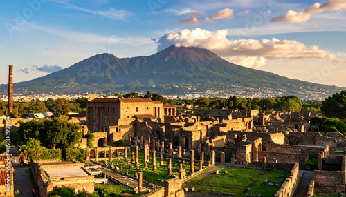 Panoramic view of Pompeii's ancient ruins with Mount Vesuvius in the background during golden hour