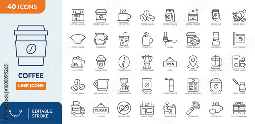 Coffee line editable icon set. Containing Coffee, latte, coffee bean, espresso, coffee shop, sugar, caffeine, and more. Editable stroke. Vector illustration