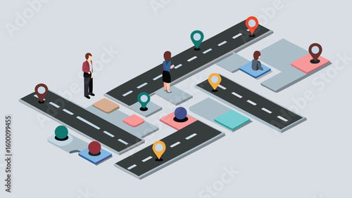 Isometric view of roads with location pins and people standing and sitting around the road map scene