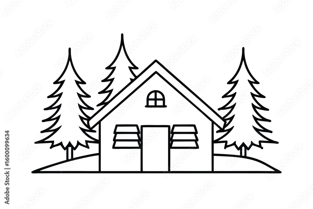 Fototapeta premium Outline Of A Winter Cabin With Snow Covered Roof