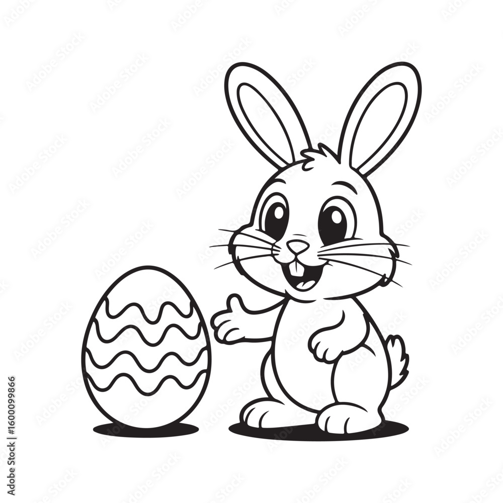 Fototapeta premium Adorable Easter Bunny Standing Beside a Decorated Egg Simple Black and White Line Art Cartoon Illustration