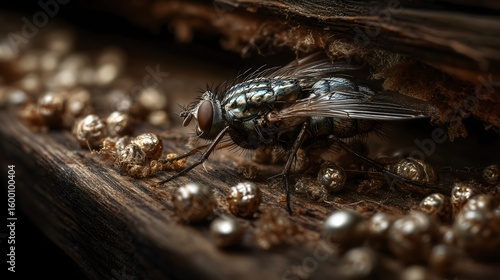 Cluster fly overwintering in attic wood macro photography