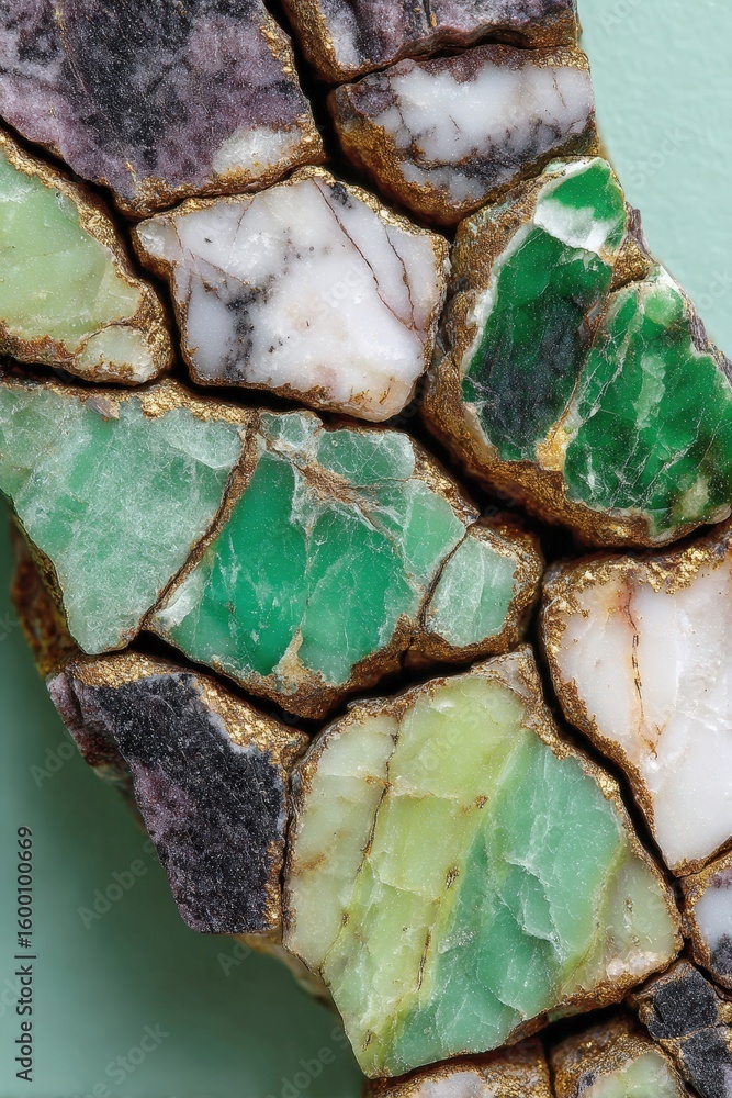 Obraz premium Detailed view of decorative stones forming a unique pattern, with colors of green, purple, and gold, a close-up showing texture and detail