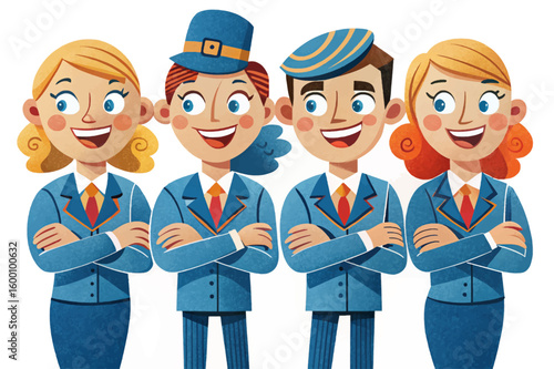set of airline staff including pilot, stewardess, steward, and flight attendants vector. Male and female crew members in aviation uniforms. Isolated on white background