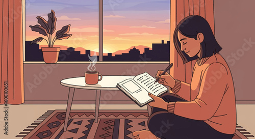 Young woman journaling with coffee by sunset city view cozy indoors