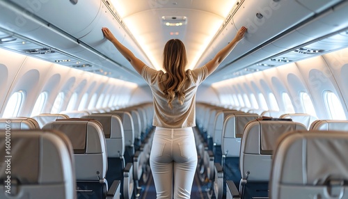 Woman stretching arms mid-air, standing in aisle for blood circulation