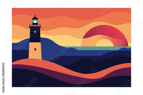 Minimalist Lighthouse Coastal Scene At Sunset Landscape