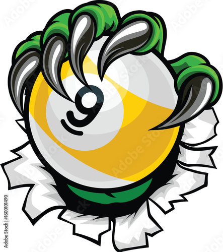 Claw hand nine ball pool billiards sports mascot holding a 9 ball cartoon illustration