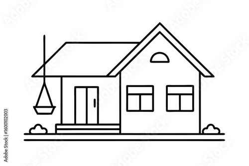 Minimal Line Art Of A House With A Tiled Roof With Chimney