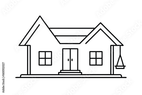 Minimal Line Art Of A House With A Tiled Roof With Chimney