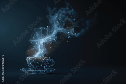 Low-poly wireframe vector illustration of steam rising from a coffee cup, with blue glow lines and dots on a dark background