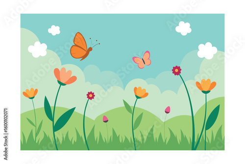 Meadow With Fluttering Butterflies And Wildflowers