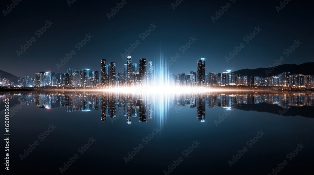 Fototapeta premium City skyline at night with illuminated skyscrapers reflecting on calm water and mountain backdrop under dark sky with bright light flare