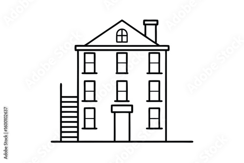 Line Drawing Of A Tall Townhouse With Fire Escape