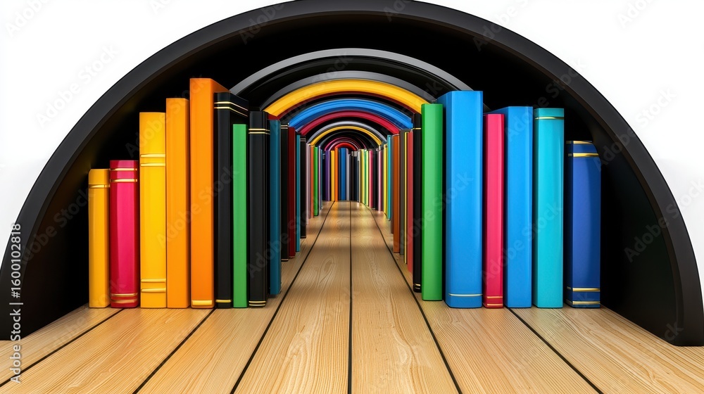 Obraz premium Colorful Books in an Arched Bookcase Tunnel