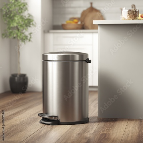 Modern Stainless Steel Trash Bin with Foot Pedal in Contemporary Kitchen with Wooden Floo and White Cabinets