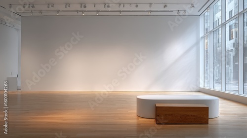 A minimalist gallery interior with a modern wooden bench, inviting a sense of calm and tranquility 