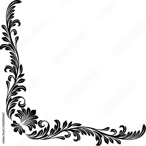 A filigree heraldic crest motif floral pattern corner border frame design element. Original design in a vintage style.