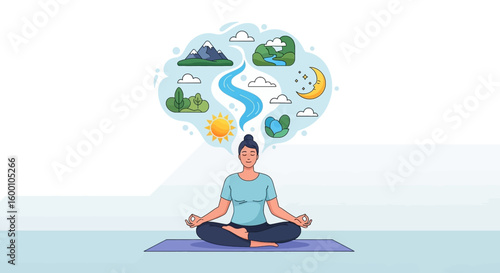 Meditating woman visualizing nature, concepts of peace, balance and mindfulness