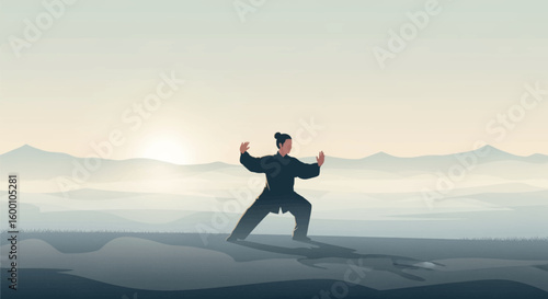Person practicing Tai Chi Chuan in a scenic mountain landscape at sunrise