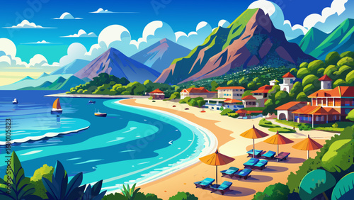 Beautiful panoramic view of sea and beach Cirali, Kemer, Antalya, Turkey. Mountains and blue sky with clouds on sunny day.