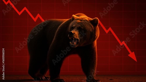 Bear stock market financial investment concept with aggressive animal and downward red arrow graph symbolizing market decline and economic risk fierce bear symbolizes bearish trend and financial loss