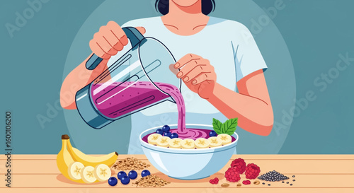 Smoothie bowl preparation with fruits and berries for healthy breakfast, lifestyle
