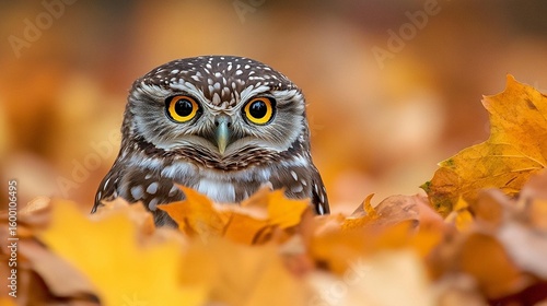 Small owl amidst autumn leaves