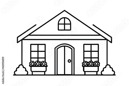Clean Line Illustration Of A Cottage With Shutters And Flowers