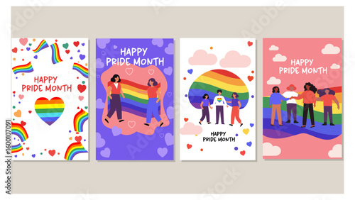 Four Cheerful  Happy Pride Month  Illustrations with Rainbow Flags and Diverse Groups