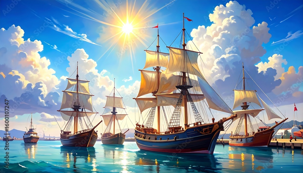 Obraz premium Sailing ships in a sunny harbor