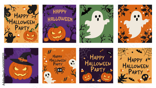 Eight Spooky and Fun  Happy Halloween Party  Illustrations with Classic Characters