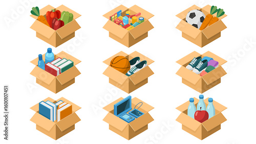 Nine open cardboard boxes filled with various items and objects