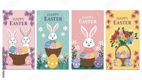 Four Charming  Happy Easter  Illustrations with Bunnies, Eggs, and Spring Flowers