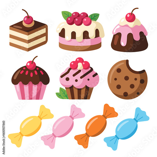 Collection of colorful sweet desserts including cupcakes cake and cookies