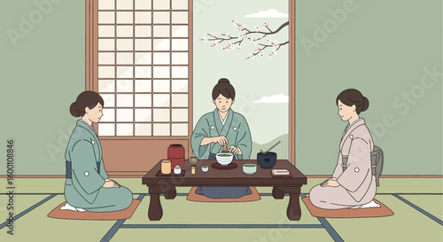 Japanese tea ceremony with matcha preparation and kimono-clad women