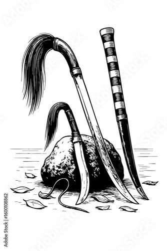 "Traditional Timorese Swords (Surik) and Ceremonial Rock"