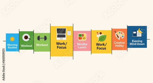 Daily routine concept with work, workout, and leisure activities illustrated in colorful blocks