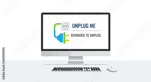 Computer monitor showing an unplug reminder with a plug icon, modern design.