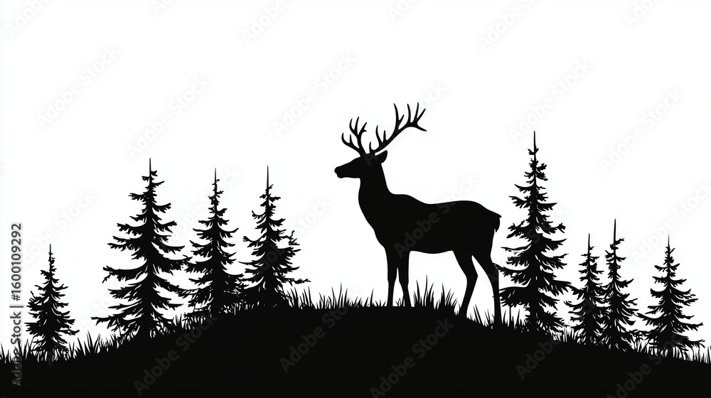 Obraz premium black silhouette of a deer on a pine hill, vector illustration for a logo symbolizing the christmas season